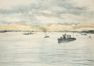 A Destroyer in a Harbour, ilustración de "The Western Front", pub. by Country Life Ltd de David Muirhead Bone