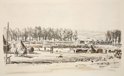 A Railhead, ilustración de "The Western Front", pub. by Country Life Ltd de David Muirhead Bone