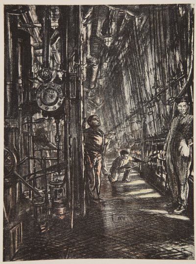 Una sala de calderas en un acorazado, ilustración de "The Western Front", pub. by Country Life Ltd de David Muirhead Bone