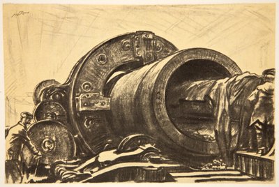 Una máquina sacanúcleos trabajando en un tubo de cañón pesado, ilustración de "The Western Front", pub. by Country Life Ltd. de David Muirhead Bone