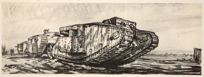 Una línea de tanques, ilustración de "The Western Front", pub. by Country Life Ltd de David Muirhead Bone