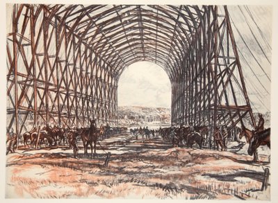 Un establo en el frente occidental, ilustración de "The Western Front", pub. by Country Life Ltd de David Muirhead Bone