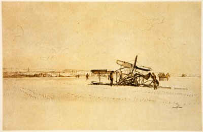 Un avión destrozado cerca de Albert, ilustración de "The Western Front", pub. by Country Life Ltd de David Muirhead Bone