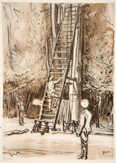 Un puesto de observación, ilustración de "The Western Front", pub. by Country Life Ltd de David Muirhead Bone