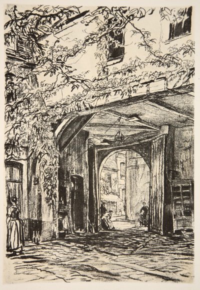 Un punto de encuentro del ejército en Francia, ilustración de "The Western Front", pub. by Country Life Ltd de David Muirhead Bone