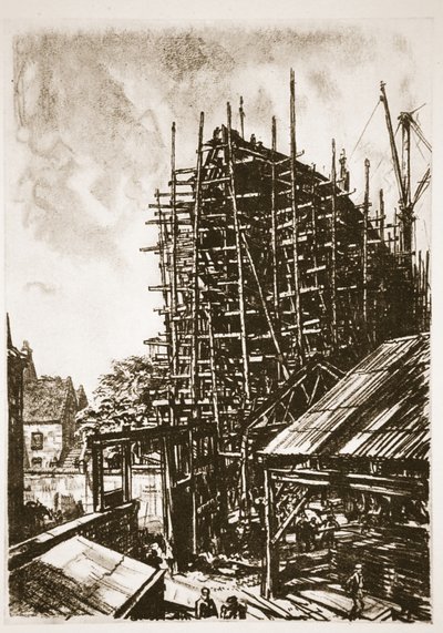 Construcción de un transatlántico, ilustración de "The Western Front", pub. by Country Life Ltd de David Muirhead Bone