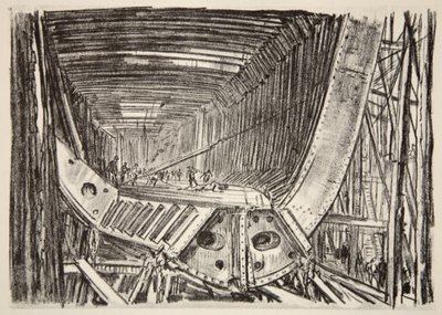 Construcción de un barco estándar, ilustración de "The Western Front", pub. by Country Life Ltd de David Muirhead Bone