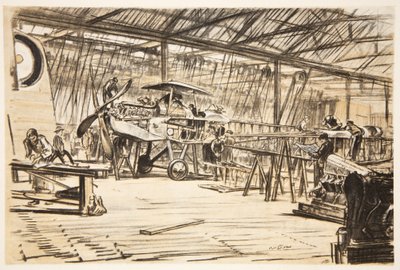 Montaje de aviones, ilustración de "The Western Front", pub. by Country Life Ltd de David Muirhead Bone