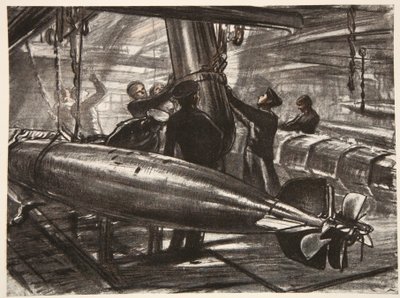 En el piso de torpedos sumergido de un acorazado, ilustración de 