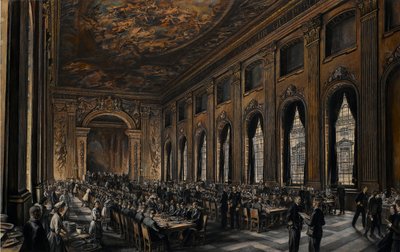 Oficiales cenando en la sala pintada (en el Hospital Real de Greenwich, Inglaterra, para retirados navales) durante la Segunda Guerra Mundial (1939-1945) de David Muirhead Bone