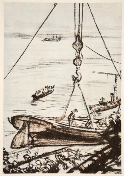 En un acorazado: bajando un bote de la grúa principal, ilustración de 
