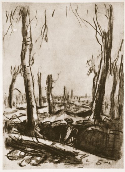 Trincheras en ruinas en el bosque de Mametz, ilustración de "The Western Front", pub. by Country Life Ltd. de David Muirhead Bone