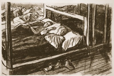 Heridos durmiendo en el Somme, ilustración de "The Western Front", pub. by Country Life Ltd. de David Muirhead Bone
