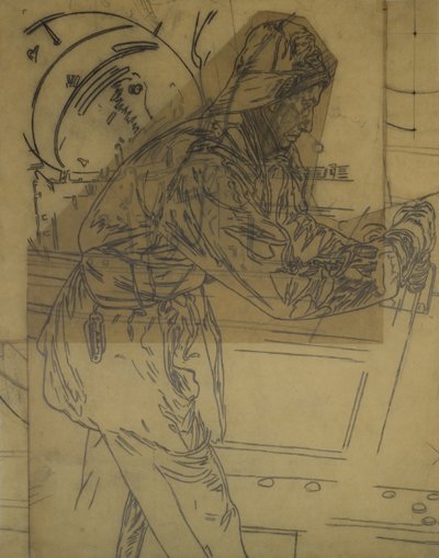 Study for Winter Mine-Laying off Iceland, c.1942, cat 6 (lápiz carbón sobre papel vegetal) de David Muirhead Bone