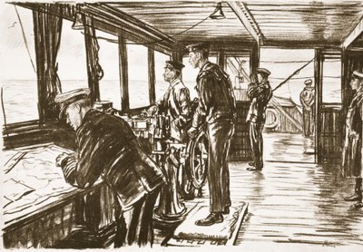 The Bridge of a Merchant Ship at Sea, ilustración de "The Western Front", pub. by Country Life Ltd de David Muirhead Bone