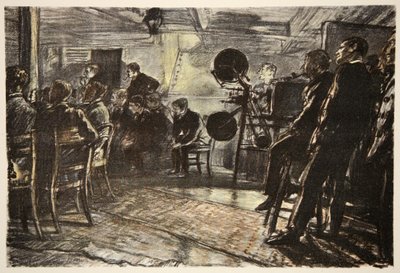 The Cinema on a Battleship, ilustración de "The Western Front", pub. by Country Life Ltd de David Muirhead Bone
