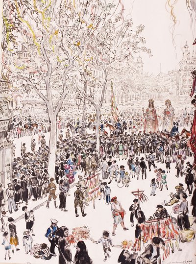 La Bandera de la Ciudad y los Gigantes, Procesión del Corpus Christi, las Ramblas, Barcelona, 8 de junio de David Muirhead Bone