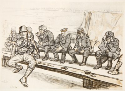 El guerrero feliz, ilustración de "The Western Front", pub. by Country Life Ltd de David Muirhead Bone