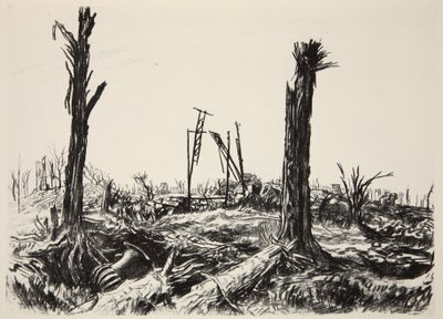 El invernadero del castillo de Deniecourt, ilustración de "The Western Front", publicado por Country Life Ltd. de David Muirhead Bone
