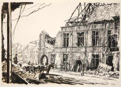 El Ayuntamiento de Peronne, ilustración de "The Western Front", pub. by Country Life Ltd de David Muirhead Bone