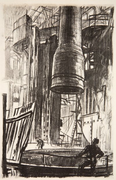 El foso del cañón: una coraza de cañón entrando en el depósito de petróleo, ilustración de "The Western Front", pub. by Country Life Ltd. de David Muirhead Bone