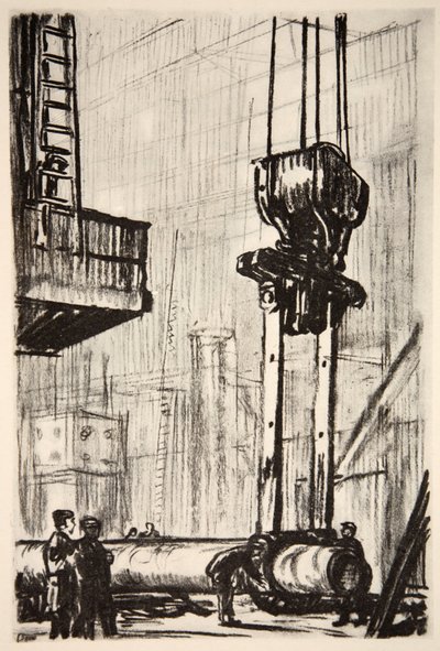 The gun pit: the great clutches of the crane, ilustración de "The Western Front", pub. by Country Life Ltd de David Muirhead Bone