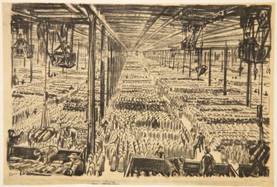 La sala del millón de proyectiles, ilustración de "The Western Front", pub. by Country Life Ltd de David Muirhead Bone