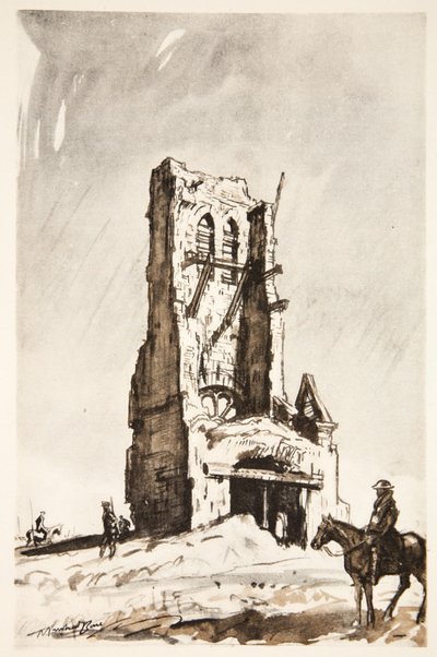 La torre en ruinas de Becordel Becourt, ilustración de "The Western Front", pub. by Country Life Ltd de David Muirhead Bone