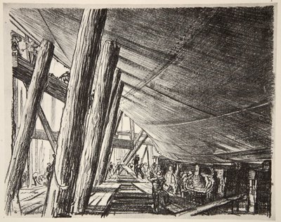 Debajo de un barco, ilustración de "The Western Front", pub. by Country Life Ltd de David Muirhead Bone