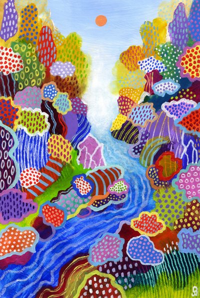 Mundo flotante 3, 2023 (acrílico y pastel al óleo sobre papel) de David Newton