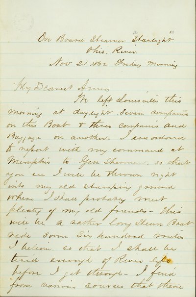Carta de D. P. Grier, a bordo del Steamer Starlight, Río Ohio, a Anna McKinney, 21 de noviembre de 1862 de David Perkins Grier