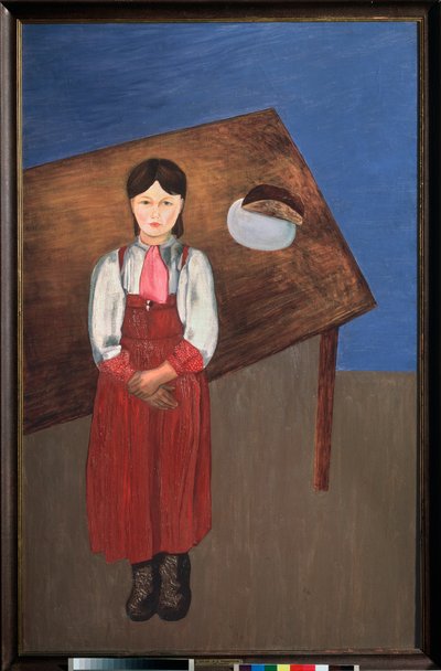 Aniska (retrato de una niña melancólica delante de una mesa). Pintura de David Petrovich Sterenberg (1881-1948), óleo sobre lienzo de David Petrovich Sterenberg