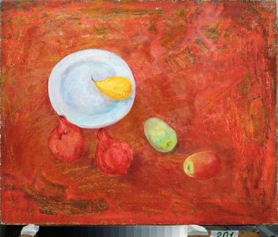 Un plato y frutas - Pintura de David Petrovich Sterenberg (1881-1948), óleo sobre lienzo de David Petrovich Sterenberg