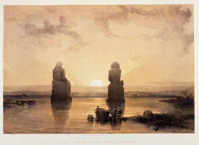 Estatuas de Memnón (Colosos de Memnón) en Tebas, durante la inundación - en “La Tierra Santa”, Londres 1849 de David Roberts