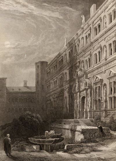 El gran patio de Heidelberg, grabado por H. Winkles, ilustración de 