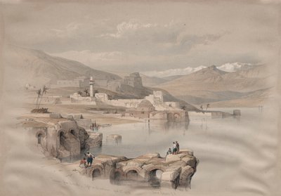 Tiberíades, desde las murallas, Safet en la distancia, 1839 de David Roberts