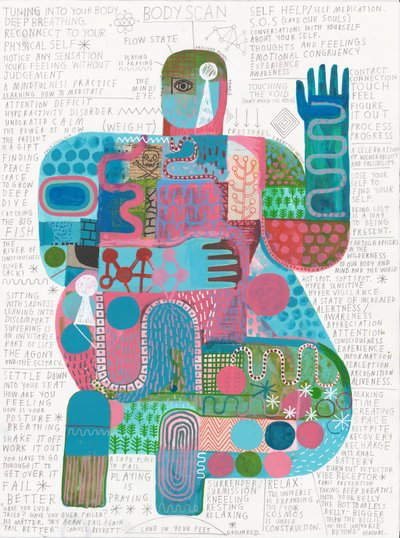 Body Scan 4, 2023 (acrílico y lápiz sobre papel) de David Shillinglaw