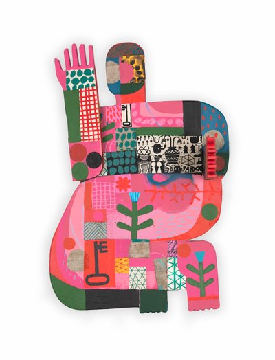 Hot Mess / Unhinged 1A, 2023 (pintura mixta y collage sobre ensamblaje de madera con bisagras) de David Shillinglaw
