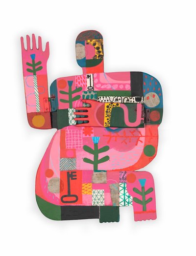 Hot Mess / Unhinged 1B, 2023 (pintura mixta y collage sobre ensamblaje de madera con bisagras) de David Shillinglaw