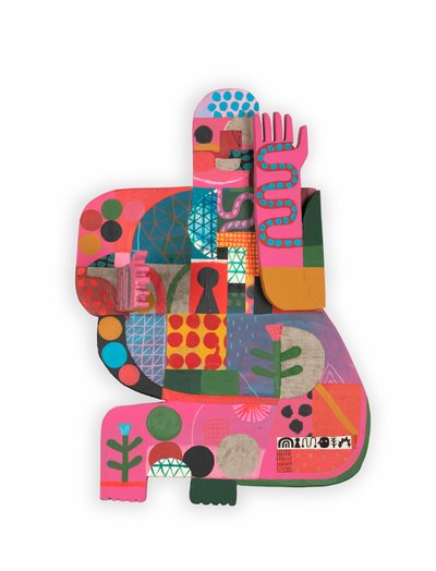 Hot Mess / Unhinged 2B, 2023 (pintura mixta y collage sobre ensamblaje de madera con bisagras) de David Shillinglaw