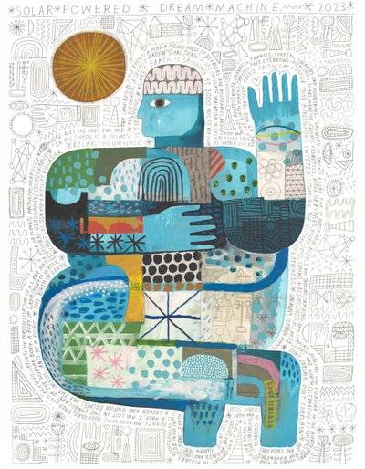 Solar Powered Dream Machine, 2023 (acrílico y lápiz sobre papel) de David Shillinglaw