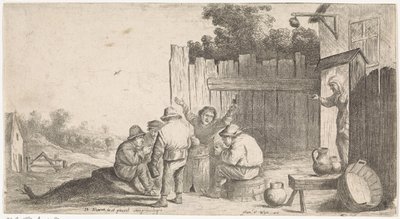 Cinco granjeros alrededor de una tonelada Escenas de género al aire libre (título de serie) de David Teniers (II) (attributed to workshop of)