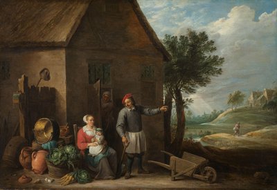 Marinero a la puerta de una casa de campo con una mujer sentada y un niño de David Teniers (II)