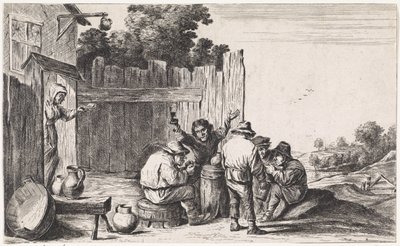 Cinco granjeros alrededor de una tonelada Escenas de género al aire libre (título de serie) de David Teniers (II)