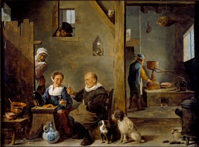 Una destilería con un anciano comprando ginebra a una mujer de David Teniers II