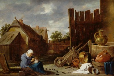 Un gato atendido por una anciana de David Teniers the Younger