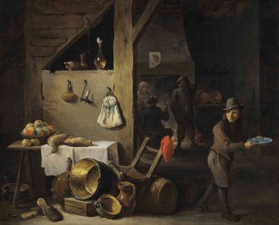Interior de una cocina con un niño y tres figuras bebiendo y fumando de David Teniers the Younger