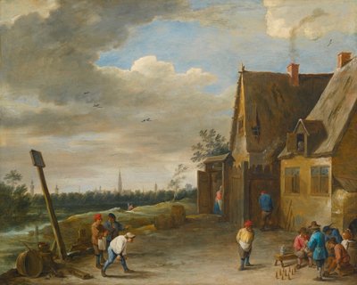 Juego de los nueve bolos con vista de Amberes de David Teniers the Younger