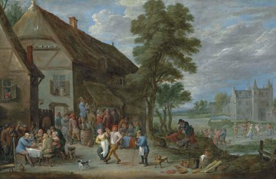 Campesinos bailando frente a una posada en Perck, con el Kasteel de Drij Toren al fondo. de David Teniers the Younger