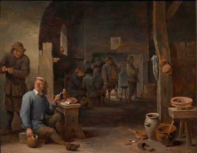 Interior de una posada con campesinos fumando junto a una mesa y conversando ante el fuego. de David Teniers the Younger
